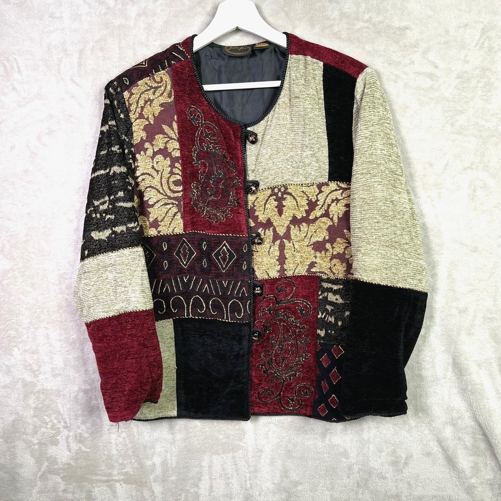 Julia‎ Kim Jacket Art To Wear Patchwork Mixed Media Tapestry Sz Small *Flaw